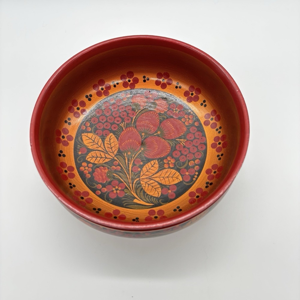 Russian Art Khokhloma Wooden Bowl Matching Spoon Traditional Floral Berry Design - Picture 5 of 16